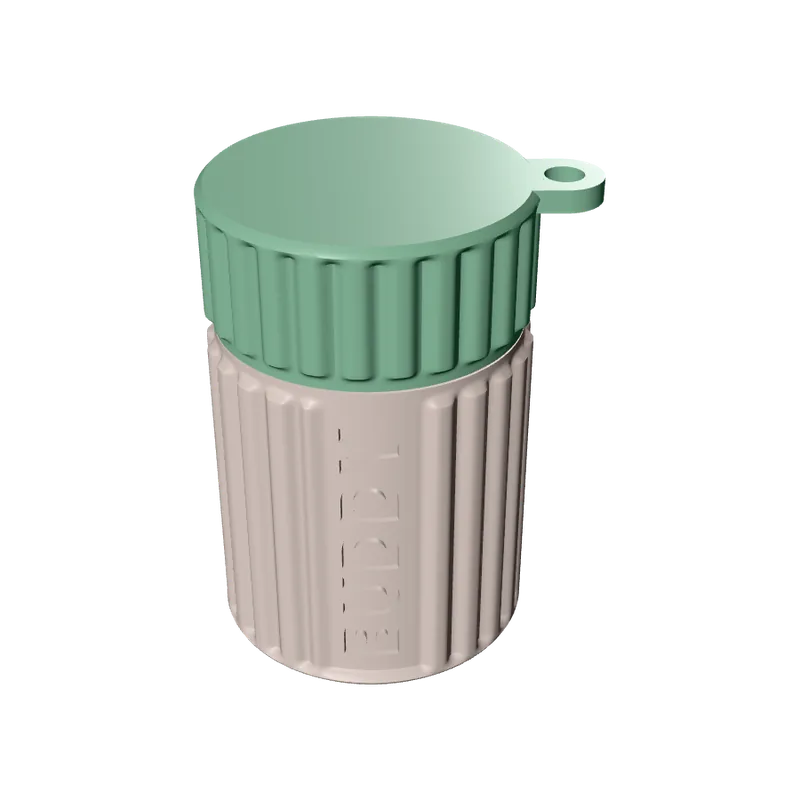 Studio render of a dog bag holder: a fluted tube with the name BUDDY and a green screw cap with a ring ear.