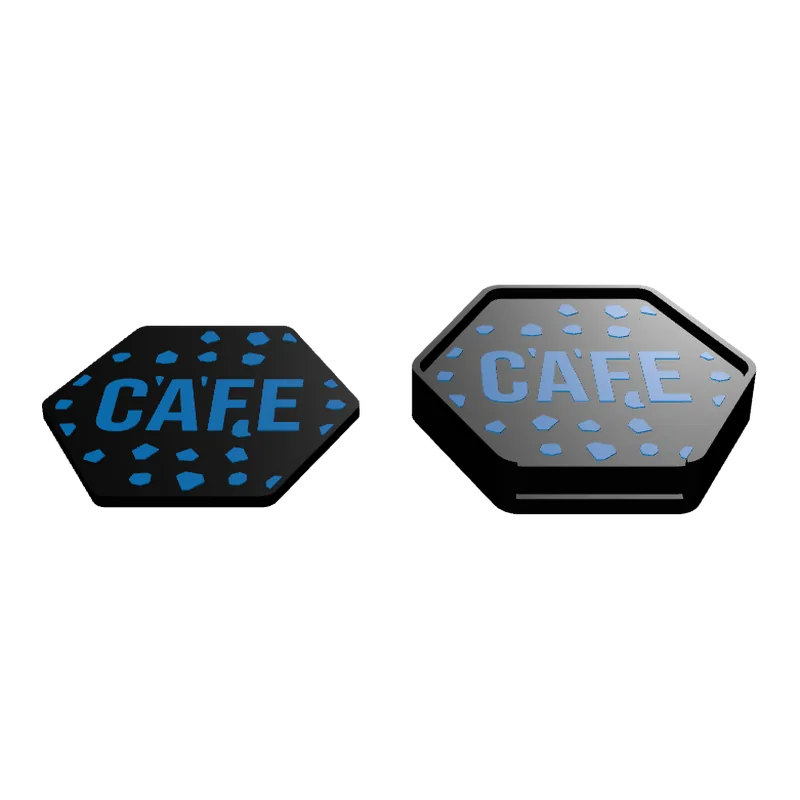 Hexagon coasters with the word CAFE and a terrazzo pattern.