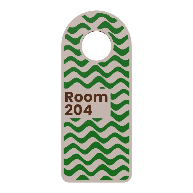 Arched door hanger reading Room 204 over a green wave pattern.
