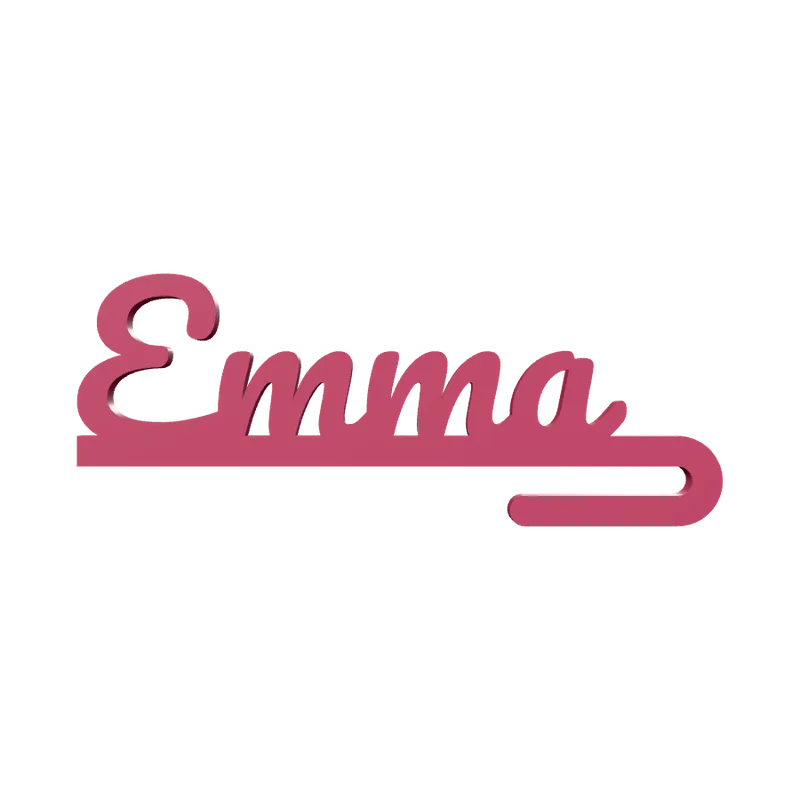 Studio render of a glass name tag: the name Emma in a script font with a rim hook.
