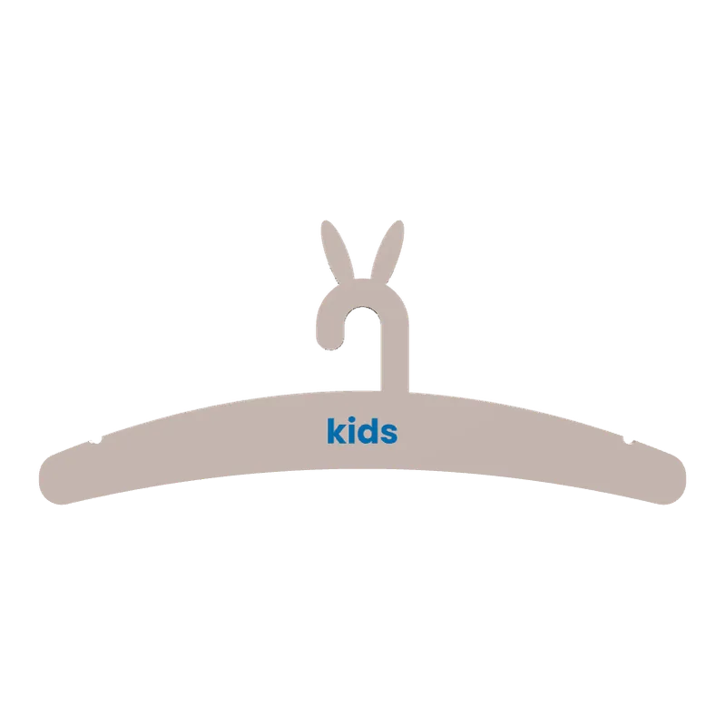 Children's clothes hanger with bunny ears and the word kids.