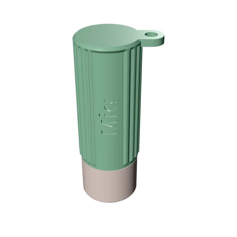 Studio render of a lip balm holder with a fluted cap and the name Mia up the side.