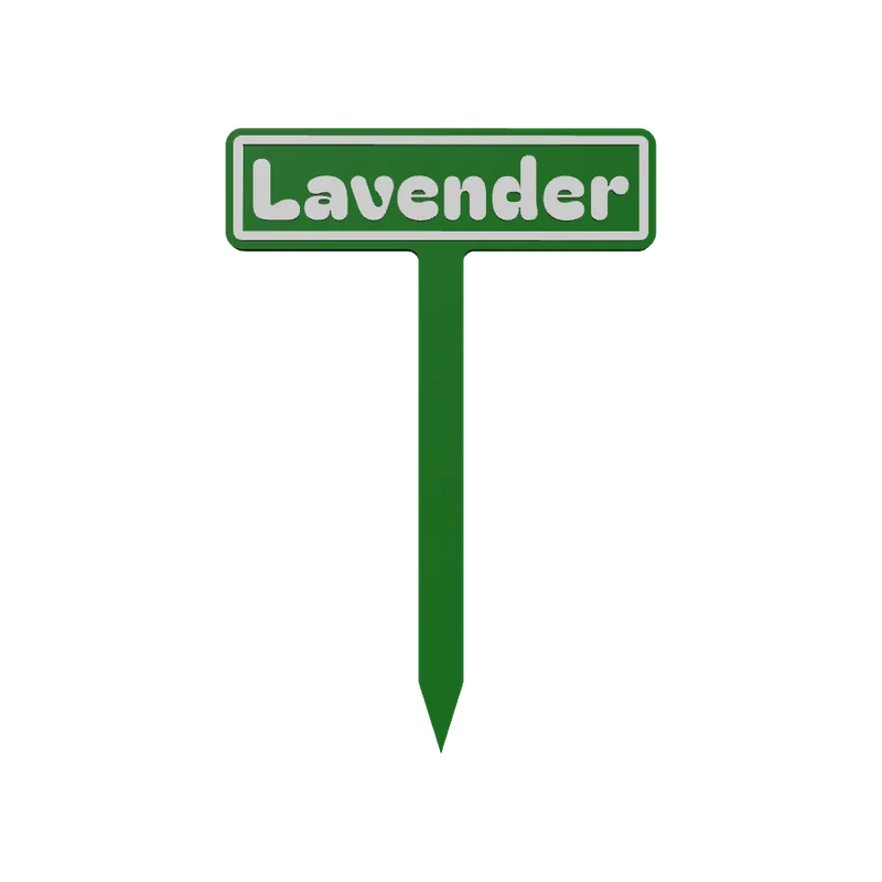 Studio render of a plant marker: a label reading Lavender on a stake.