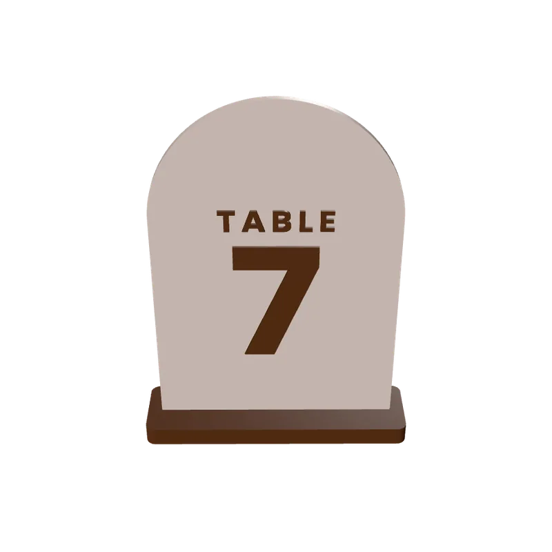 Studio render of an arched table number 7 with a TABLE caption, in its base.