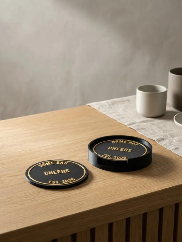 Black coasters reading Home Bar, Cheers, Est. 2026 in gold, with a matching holder.