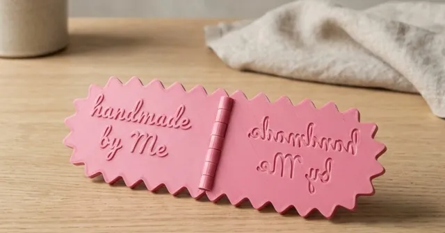 Pink folding emboss stamp with a scalloped edge, open on its hinge, reading handmade by Me.