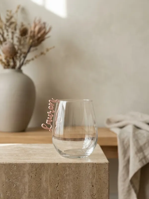 Pink script name tag clipped on the rim of a wine glass.