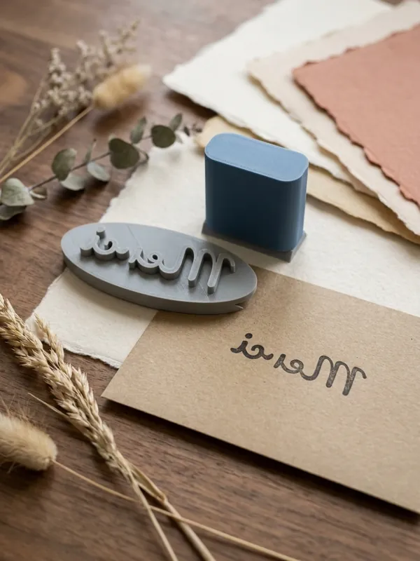 Ink stamp reading Merci: the face slides onto a separate handle, and both print without supports.