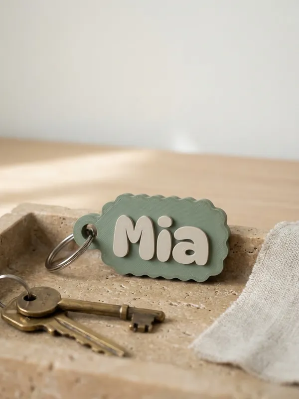 Sage green name keychain reading Mia, made in the Keychains generator.