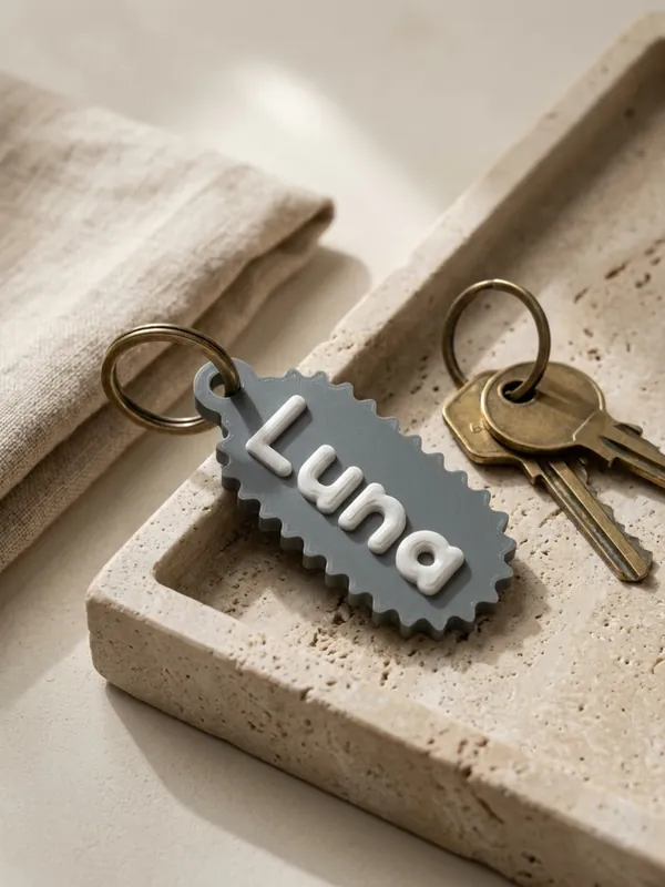 Grey scalloped keychain with the name Luna in raised white letters, made in the Keychains generator.