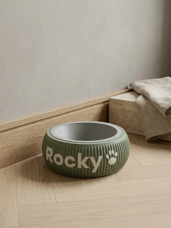 Green bowl stand with the name Rocky and a paw print, made in the Pet Bowl Stands generator.