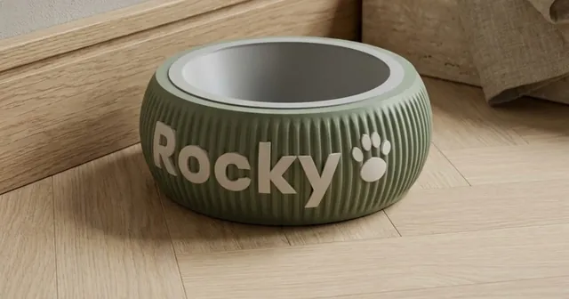 Green ribbed bowl stand with the name Rocky and a paw print, holding a grey bowl.