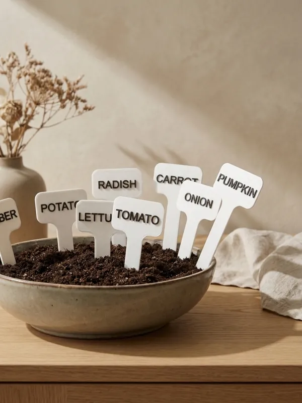 White plant markers for radish, carrot, tomato, onion and pumpkin in a bowl of soil.
