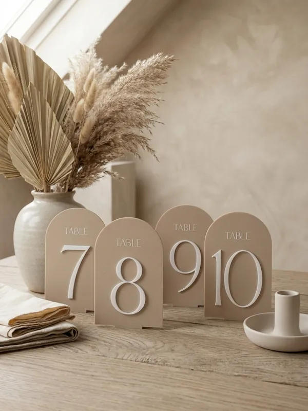 Beige arched table numbers 7 to 10 with TABLE captions, standing in their bases.